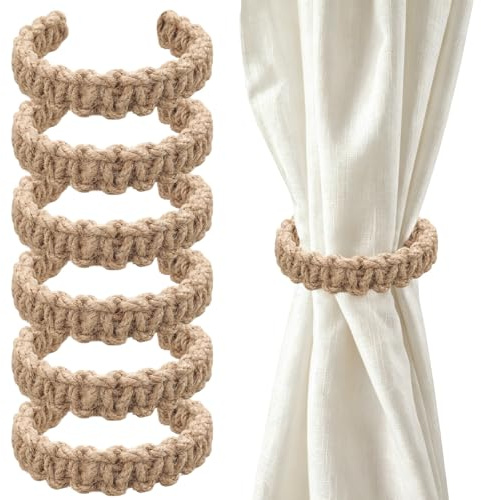 JIUBULUJIU 6 Stück Vorhang Raffhalter, Naturfarbe Raffhalter für Vorhänge | Vorhang Halter aus Leinenstoff, Boho Gardinenhalter für Zuhause und Draußen