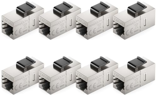 deleyCON CAT6A RJ45 Kopplingsmodul Keystone Koppling (Set med 8 Stycken) - STP, 2x RJ45 Uttag, 10 Gbit/s, 500 MHz, 1:1 Koppling - Silver