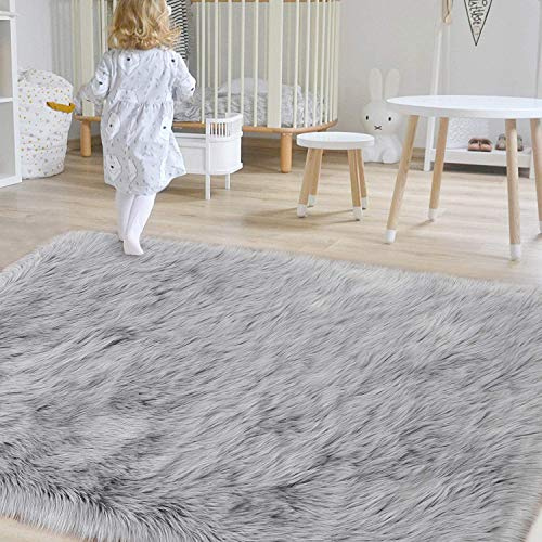 Alfombra de lana de oveja sintética ultrasuave, 100 x 120 cm, pelo largo de 6 cm para sala de estar y dormitorio, suelo de interior gris acogedor