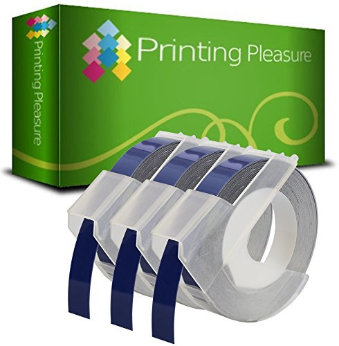 Printing Pleasure 3X Blau Prägebänd S0847740 S0898140 Prägeetiketten für Dymo Junior S0717900 & Omega S0717930 Prägegeräte | 9mm x 3m | weißer Druck auf blauen Untergrund