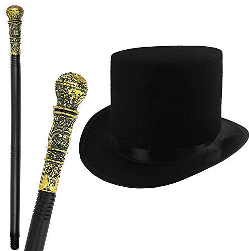 GrassVillage Victorian Style Adults/Kids Fancy Dress Set, Top Hat & Cane - PARTY, WORLD BOOK WEEK/HALLOWEEN KIT