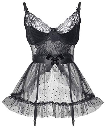 LINGERLOVE Women Sexy Lingerie Set Plus Size Babydoll with Underwire Cups Lace Chemise Nightwear Black