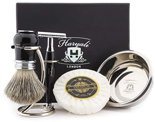 Haryali London Herren-Rasier-Set, 5-teilig, doppelseitiger Rasierhobel mit Rasierpinsel aus Dachshaar, Ständer, Seife und Schale