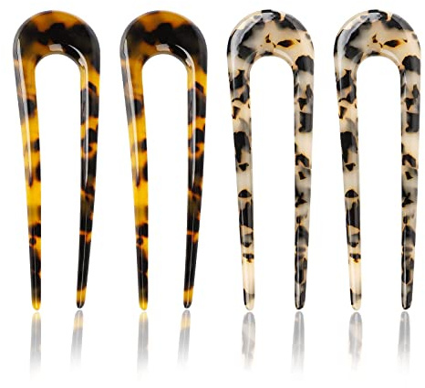 SIOPPKIK 4 Stücke U-förmige Haarnadel - Französischer Stil Haarspange, Schildkröte Schale, Metall Gabelstöcke 2 Zinken für Hochsteckfrisur Chignon - Haarstyling Zubehör für Frauen