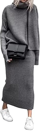chouyatou Women's Turtleneck 2 Piece Outfits Ribbed Knit Sweater Midi Pencil Skirt Set (Large, Gray)