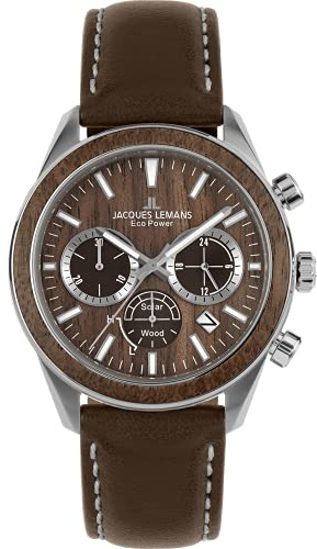 JACQUES LEMANS Herrenuhr, Eco Power Uhren Männer, Chronograph aus massivem Edelstahl mit Apfel-Leder Armband, Herrenuhr großes Ziffernblatt - Suit for Men, Model 1-2115B, Arm Herrenuhr groß
