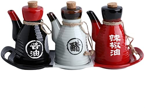 WMDSYGD Oil and Vinegar Dispenser 3Pcs/set Japanese-style Ceramic Oil Dispenser Bottle Set Retro Painted Porcelain Soy Sauce Chili Cruet Seasoning Container Kitchen Tools Cooking Oil Bottles