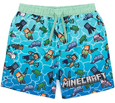 Minecraft Short de Bain pour garçons | Options de Liane Bleue Verte OU Verte | Enfants Ados Creeper Steve Alex TNT Explosif Personnages Gamer Pantalon de Natation Malles