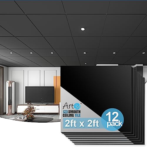 Art3d 12-Pack Smooth 3D Decorative Suspended Drop Ceiling Tiles 2ft x 2ft in Black, PVC Ceiling Panels 24 x 24in.