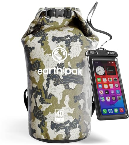 Earth Pak – Wasserdichter Packsack mit Schultergurt und wasserfester Handyhülle – Ideale Rolltop Tasche beim Kajak Fahren, Wandern, Camping, Angeln, Bootfahren und Rafting