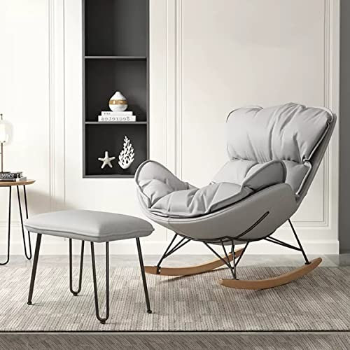 LEIYTFE Schaukelstuhl Mit Hocker Relax Loungesessel Modern Glider Chair Kinderzimmer Mid Century Akzent Stuhl Bequeme Gepolsterte Seitenstühle Mit Massivholzbein (Color : Grey)