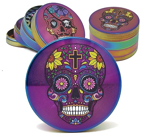 Grinder metal GRIND PRO | Grinders 4 piezas Multicolor de 50mm y dientes ultra afilados | Grinder con dibujos calavera mexicana | Molinillo con polinizador para especias y hierbas (modelo 2)