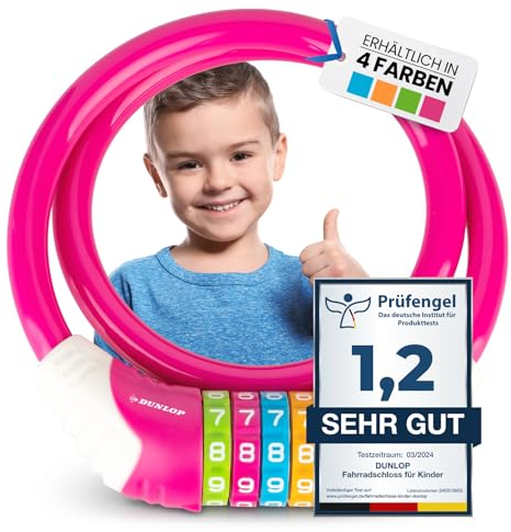 DUNLOP Fahrradschloss Kinder Fahrrad Schloss - Sicherheitsstufe 5 Zahlenschloss mit 4 Farb Einteilung zum besseren Merken der Kombination I Bike Fahrradschloß Lock für Kinder (Pink)