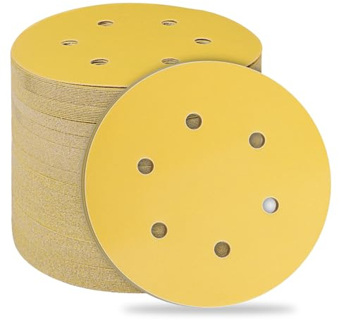 STEBRUAM Discos de Lija de 150mm,50 Piezas Hook and Loop discos abrasivos Papel de Lija Abrasivos Papel de lija de 800 Granos para Lijadora Orbital Excéntrica color amarill