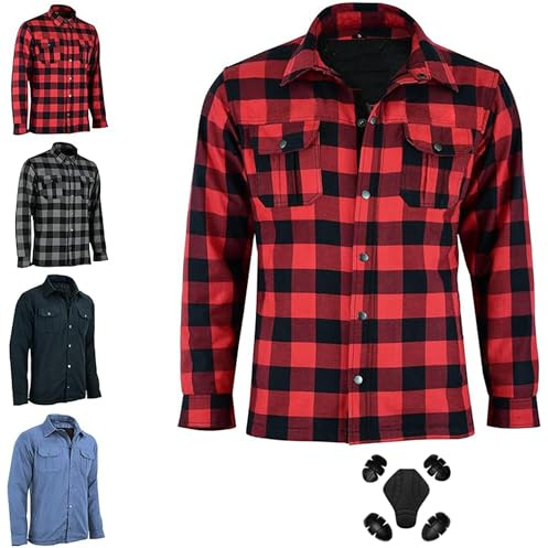 Vaster Moto Camisa de Moto Hombre Fabricada con Forro de Kevlar Chaqueta de Moto Reforzada Blindada Protecciones Extraíbles CE (EN 17092-3:2020) (FR/ES, Letras, 4XL, Regular, Regular, Red & Black)