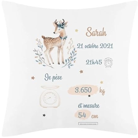 Coussin naissance personnalisé biche/coussin naissance/cadeau naissance personnalisé/cadeau naissance original/cadeau naissance unique