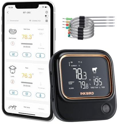 Barbecue Thermometer BBQ Thermometer IBT-26S Bluetooth Wi-Fi with 4/6 Food-grade Probes APP Control USDA Meat Presets Alarm Timer Backlit LCD (Color : 2.4G 4 Probes)
