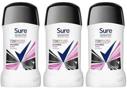 Sure Antiperspirant Deodorant Stick Invisible Pure 72H Nonstop Sweat and Odour Protection Roll On with Fresh and Light Scent Deodorant for Women, 50ml Pack of 3