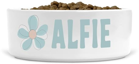 Personalised Ceramic Dog Bowl Minimalist Flower Size Small-Medium (Duck egg blue colour print)