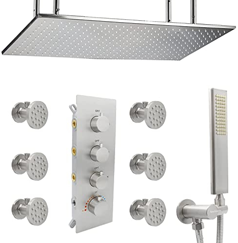 duschkopfThermostatisches Duschsystem mit Körperdüsen, Duscharmaturen-Sets aus Messing und gebürstetem Nickel, komplett, 20 x 40 cm, große Regendusche mit Massagebrause, 3-Wege-Umstellventil