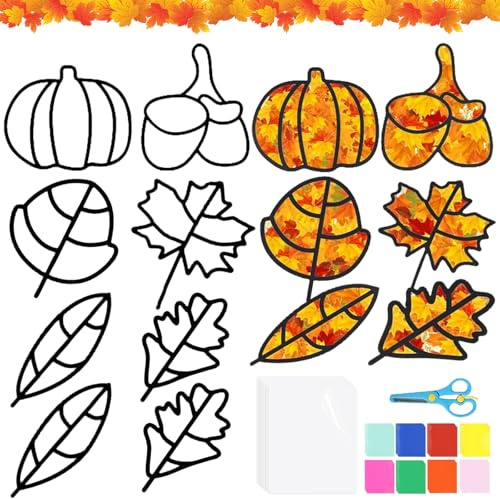 SOETDERT Herbst Bastelset Kinder, 12 Stück Fensterbilder Herbst Kinder Basteln, DIY Herbst Bastelset Kränze, Kreative Herbstdeko, Blätter Deko, Ahornblatt Papierbastelset Handwerk Geschenk