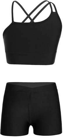 RUNQHUI Enfant Fille Ensemble Sport Débardeur et Short Tenue Gymnastique Danse Fitness Gym Yoga Sportswear 5-14 Ans Noir 11-12 ans