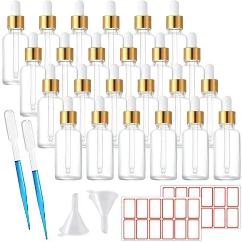 TUAKIMCE Lot de 24 flacons compte-gouttes en verre de 30 ml avec pipettes rechargeables avec entonnoir et étiquette pour mélange d'huiles essentielles, parfumerie (transparent)