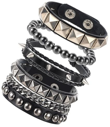 JIYIN 4 Stück Unisex Punk Besetztes Armband, Punk Lederarmband Schwarz Gothic Armreif Nieten Armband Leder Nieten Armband Manschette für Halloween Weihnachten Kostümparty Rock Konzert
