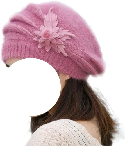 Yancremio 90er Damenhut Blume Stricken Häkelmütze Winter Warm Wollmütze Mode Casual Elegant Outing Party Beret Mama (Rosa,Einheitsgröße)