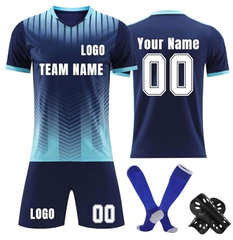 Personalisiertes Fußball Trikot Set Kinder & Erwachsene – Individuell bedrucktes Shirt, Shorts, Socken + Knieschoner mit Name & Nummer und Logo