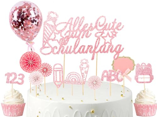 Gleevio Alles Gute zum Schulanfang Tortendeko Einschulung Mädchen,19Stk Cupcake Topper Einschulung Deko Torte Junge,Glitzer Rosa Schulkind Tortendeko Schulanfang mit 123 Zuckertüte für Schuleinführung
