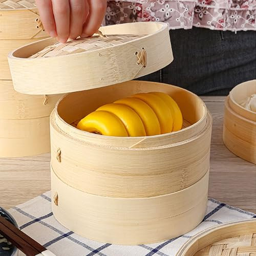 CINY Vaporera de bambú de 2 pisos, 20 cm, con tapa, vaporera de bambú hecha a mano, múltiples aplicaciones, para marisco al vapor, pescado, verduras mixtas, puntos de bollo, huevos, verduras