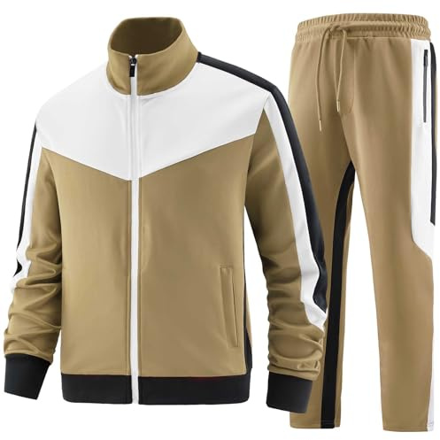 ANOTWENER Träningsoverall för män, set med ledig joggingdräkt, tvådelad, fitness, sportdräkt, långa ärmar, full dragkedja, hemmadräkt, Beige/vit, M