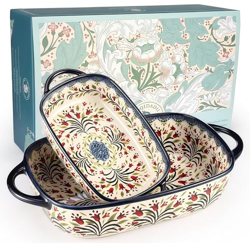 Polish Pottery Style Ceramic Baking Dish Set, 2-Piece Large & Small Casserole Bakers for 2–3 People, Floral Oven-to-Table Bakeware, Microwave & Dishwasher Safe, Gift-Ready with Protective Packaging