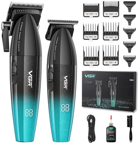 VGR 640S2 Professionell hårklippare för män, trådlös frisörklippare och trimmerset, Zero Gap T-blad-hårklippningssats, DLC-belagt keramiskt blad, premium barberkit med LED-skärm, grön