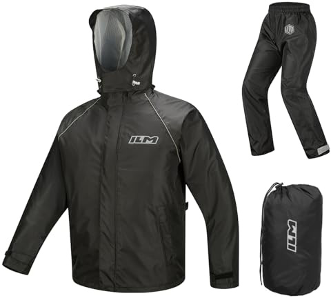 ILM Chubasquero Moto Impermeable Hombre Mujer Traje de Lluvia 2 Piezas Chaqueta y Pantalón Reflectantes con Cubrezapatos Oculto para Moto Bicicleta Pesca Senderismo Camping Modelo RS03,Negro,XL