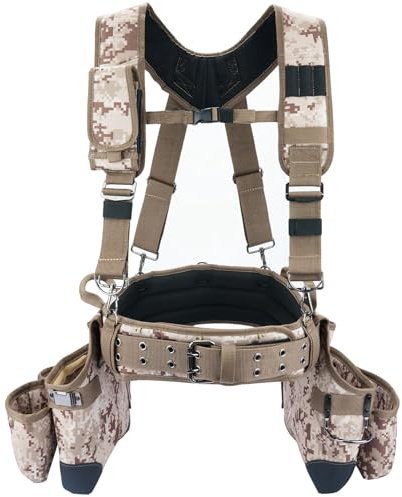 MELOTOUGH Camo Werkzeuggürtel mit Hosenträgern, Camouflage-Werkzeugtasche, Supenders Framers, Kombi-Schürze, Werkzeuggürtel, Bau-Werkzeugtasche, Hosenträger für Schreiner, Federvorrichtung für