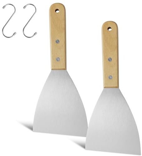 Set di 2 raschietti per griglia，in acciaio inox con manico in legno, per barbecue, cucina/pulizia, bordo e 2 ganci