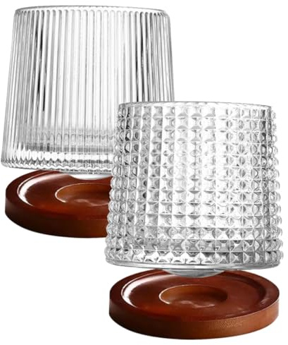 BIUDECO 2 Juegos de Vasos para Whisky de Vidrio con Diseño Giratorio Tipo Diamante, Capacidad 150ml, Incluye Posavasos de Madera, Fácil de Limpiar y Excelente Funcionalidad