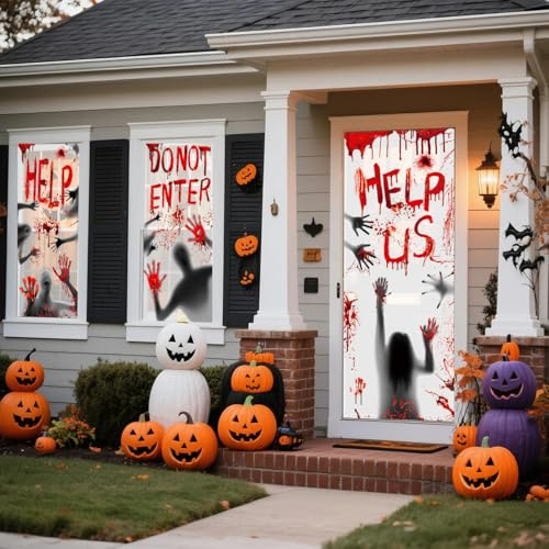 Juego de 5 hojas de calcomanías de gran tamaño para decoración de Halloween, 1 cubierta gigante espeluznante para puerta, 2 calcomanías grandes de terror para ventana, 2 calcomanías de huellas de