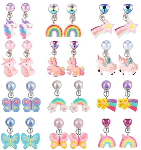CHUANFU 12 Pares Pendientes Clip para Niños, Juego de Pendientes Niña Sin Perforaciones con Almohadilla, Lindos Arcoíris Mariposa Perla Oreja Clip Sin Piercing, Accesorios Joyería para Niñas y Niños