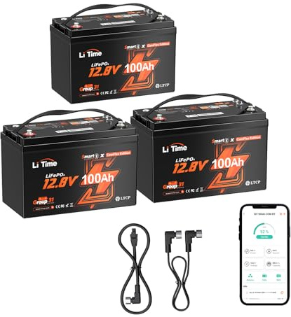 LiTime Pack de 3 Batería Litio 12V 100Ah LiFePO4 con Bluetooth Compatible Victron, CAN/RS485, BMS 100A, 4000-15000 Ciclos, Protección Temperatura, Ideal para Autocaravanas, Barcos y Sistemas Off-Grid