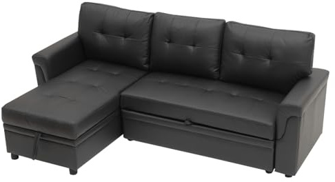 Panana 3 Seater Corner Sofa Bed with Storage, Universal Pull Out SofaBed, Left or Right Side Storage Chaise Couch Sectional Sofa (Black faux Leather)