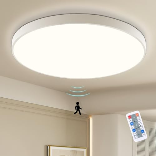 LEOEU LED Deckenleuchte mit 5,8GHz Radar Bewegungsmelder, 18W Dimmbar 4000K IP54, Fernbedienung, CRI>90 Augenschutz, Rund 23cm Sensorlampe für Flur, Treppe, Bad, Keller