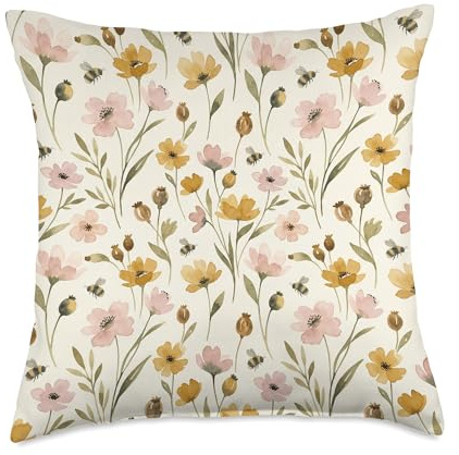 Wildflowers Bees Meadow Cottagecore Botanical Graphic Throw Pillow
