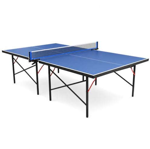 HLC Tischtennisplatte Klappbar 2-Teilig Indoor & Patio – 274 x 152,5 x 76 cm Turniermaß, Innovatives Falt-Schloss-System, Seitliche Transportrollen, MDF, Inkl. Netz, Blau