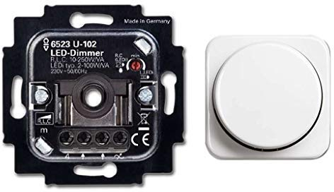 BUSCH-JÄGER, LED-Drehdimmer (LED Dimmer) 6523 U-102 (6523U 102) 6523U102 mit Zentralscheibe 2115-214 in Reflex Si alpinweiß