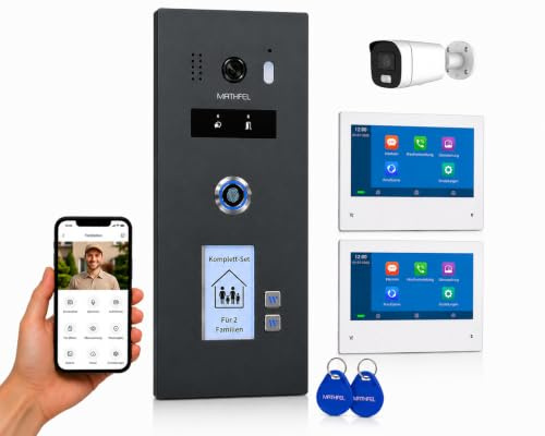 Mathfel 2-Draht IP Video Türsprechanlage 2 Familienhaus mit Fingerprint – Anthrazit Außenstation, RFID, WLAN, Full HD 170° Kamera, Starlight Farbbild bei Nacht, App mit 1 IP Kamera