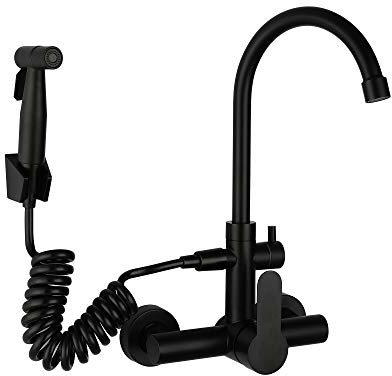 HomeLava Schwarz Küchenarmatur mit Spritzpistole und 2 Wasserstrahlarten Wandmontage Wasserhahn Küche Wand Wandarmatur 304 Edelstahl mit 360° Drehbar Hoch Auslauf