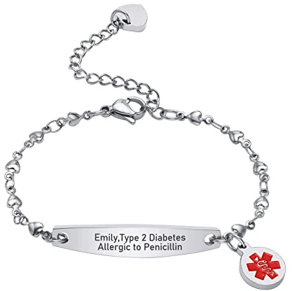 VNOX Notfallarmband Damen Personalisiert mit Gravur - Medizinisches ID Armband aus Edelstahl, SOS Armband mit Herzanhänger für Allergien, Diabetes, Epilepsie, Notfall Schmuck für Frauen
